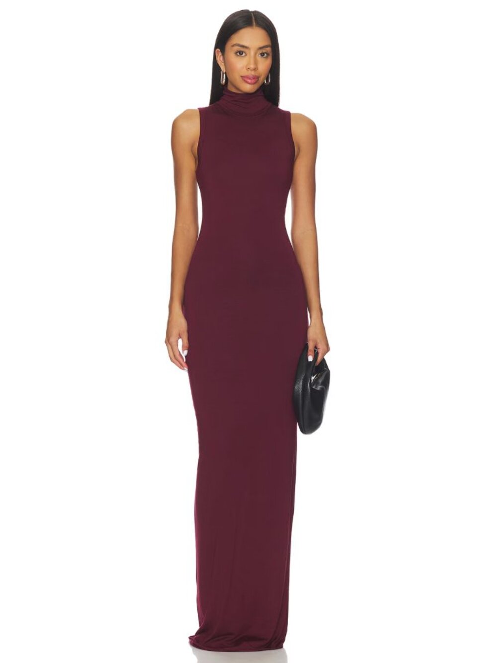 Eterne Harlow Soft Jersey Maxi Dress in Oxblood Red Sleeveless Mockneck Medium